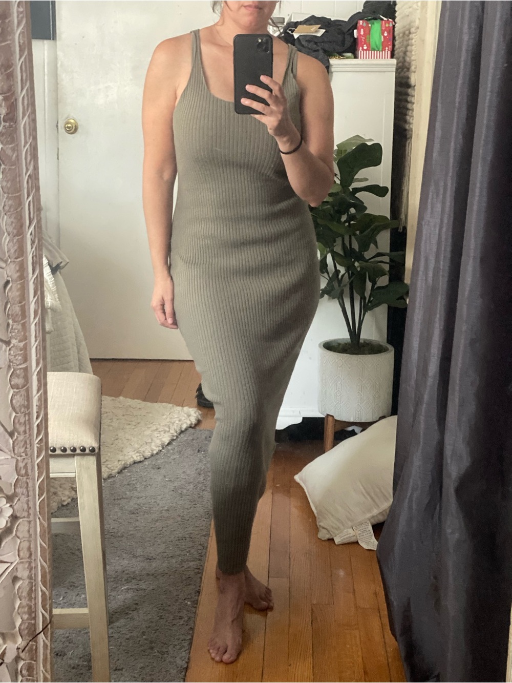 Ribbed Tank Midi Dress in Olive Green